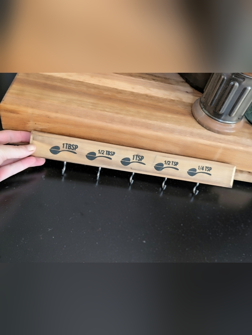 Wooden Kitchen Spoon Measurement Rack with Hooks - Natural Wood